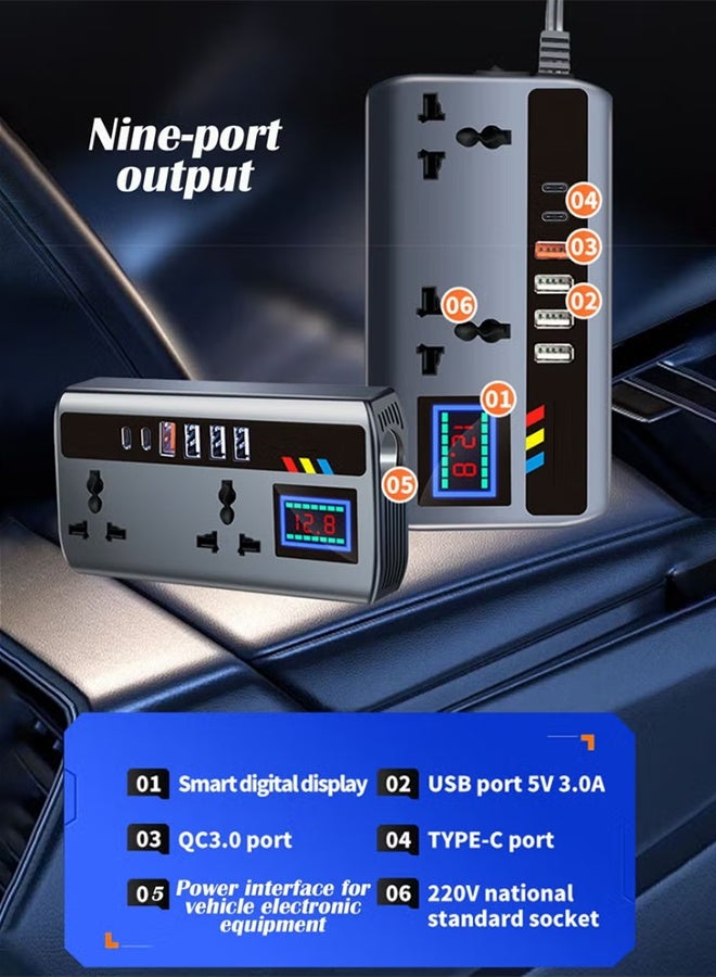 بكومور محول طاقة للسيارة بقدرة 200 واط، يحول التيار المستمر من 12 فولت/24 فولت إلى 220 فولت تيار متردد، مزود بمنافذ USB وType-C، وشاشة عرض جهد LCD، ومفتاح تشغيل مدمج، ومحول طاقة محمول متوافق مع السيارات والشاحنات. - Image 3